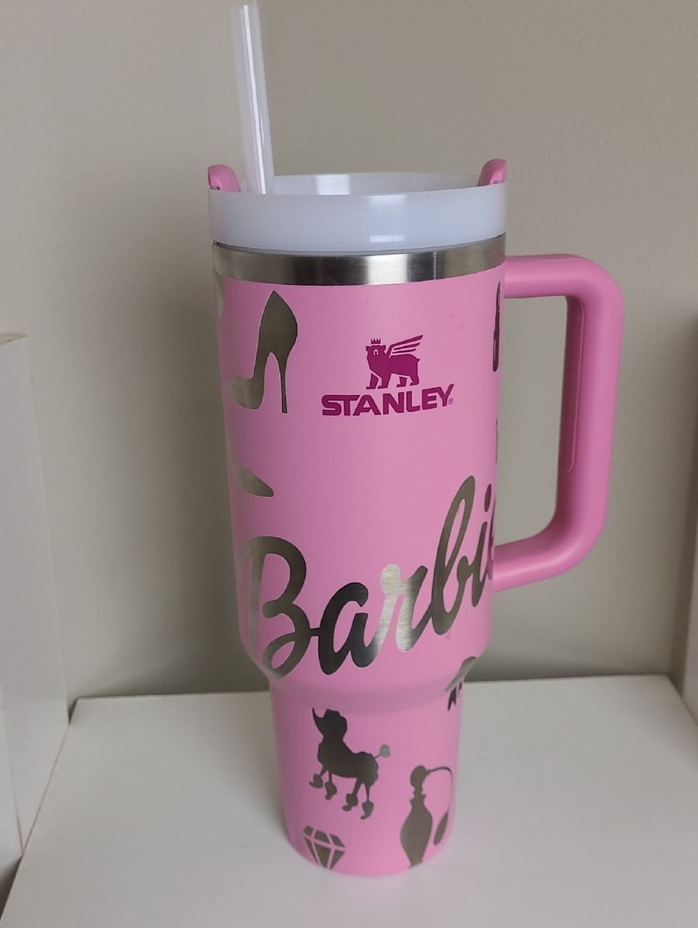 Stanley Pink Barbie Travel Mug with Silver Accent and Screw Handle